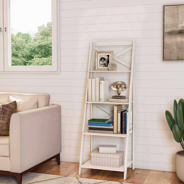 Hastings Home Ladder Bookcase X Back Frame, White - 565077KOC