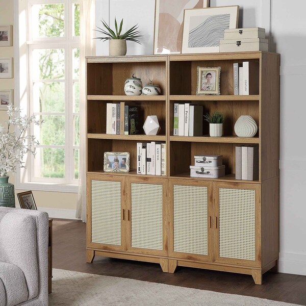 Manhattan Comfort Sheridan Modern Cane Bookcase with Adjustable Shelves in Nature, 2PK - 2-BC-6GLF-NA
