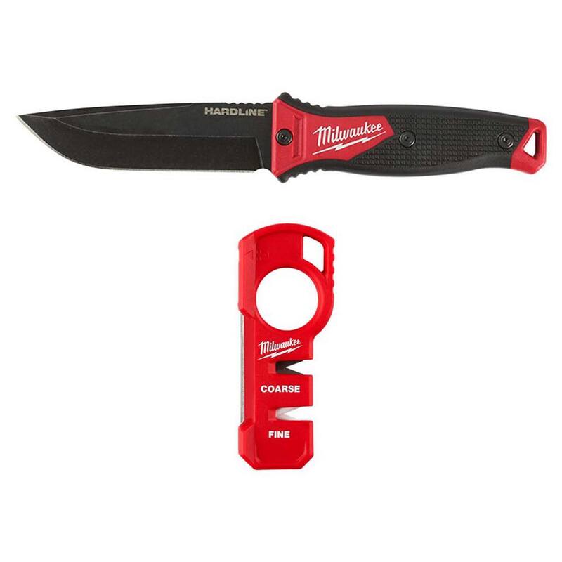 Milwaukee 5 in. Hardline AUS-8 Steel Fixed Blade Knife with Compact Jobsite Knife Sharpener (2-Piece) - 48-22-1928-48-22-1590