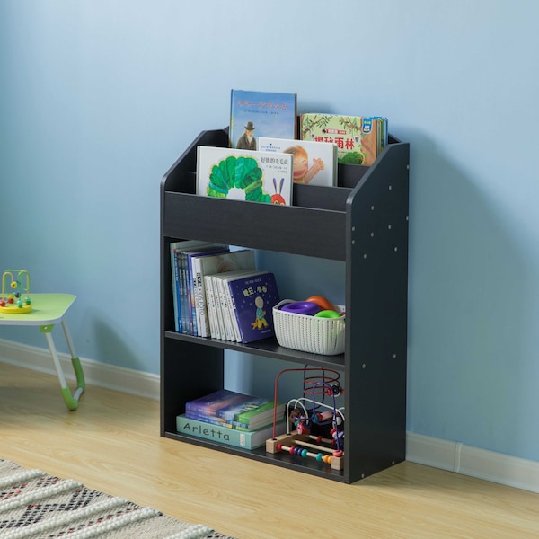 Basicwise Black Modern Wooden Storage Bookcase with Shelf, Playroom Bedroom Living and Office - QI004151.BK
