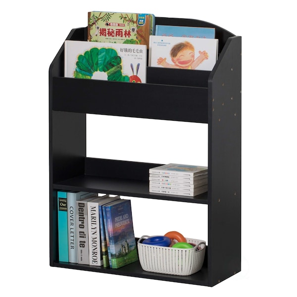 Basicwise Black Modern Wooden Storage Bookcase with Shelf, Playroom Bedroom Living and Office - QI004151.BK