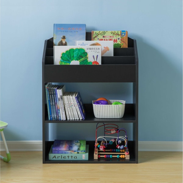 Basicwise Black Modern Wooden Storage Bookcase with Shelf, Playroom Bedroom Living and Office - QI004151.BK