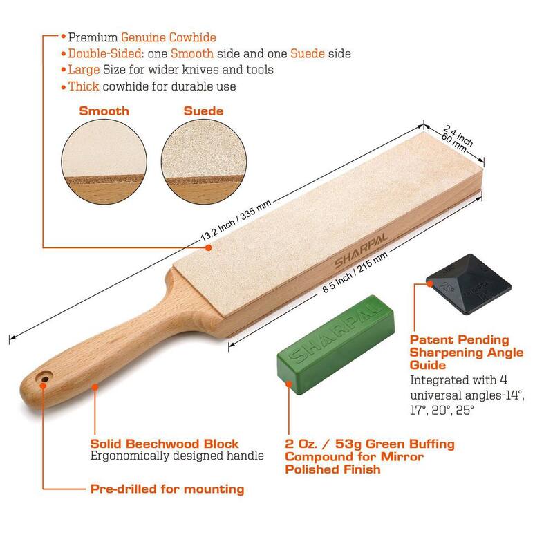 Sharpal Large Double-Sided Leather Strop (Genuine Cowhide) Kit with 2 oz. Polishing Compound & Angle Guide for Knives & Chisels - 205H