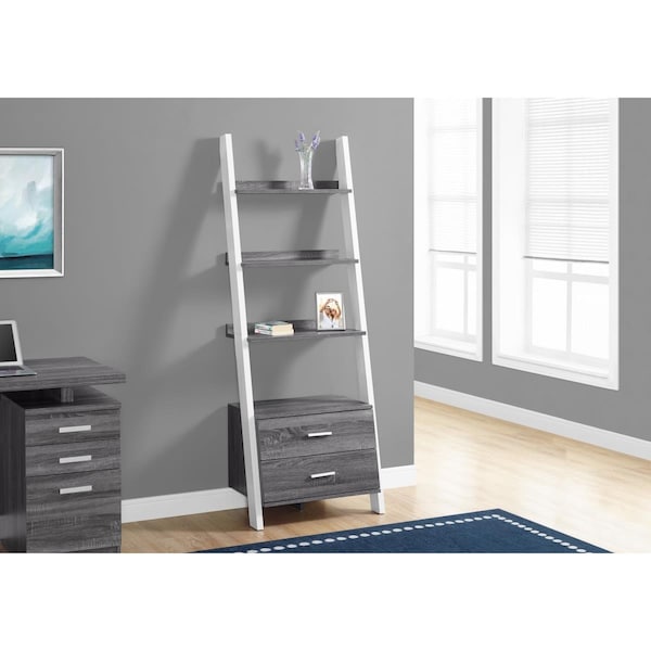 Gfancy Fixtures 69 in. Grey & White Particle Board Ladder Bookcase with Two Storage Drawers - GF3097474
