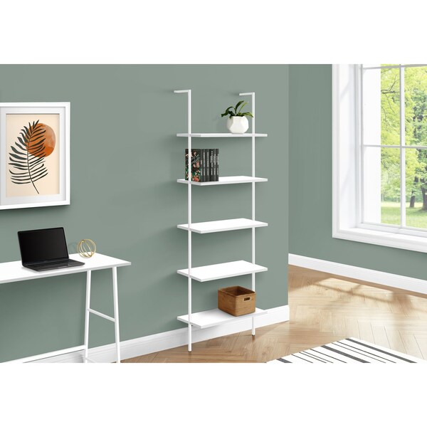 Monarch Specialties Bookshelf, Bookcase, Etagere, Ladder, 5 Tier, 72"H, Office, Bedroom, Metal, Laminate, White - I 3687