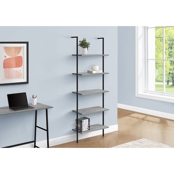 Monarch Specialties Bookshelf, Bookcase, Etagere, Ladder, 5 Tier, 72"H, Office, Bedroom, Metal, Laminate, Grey, Black - I 3681