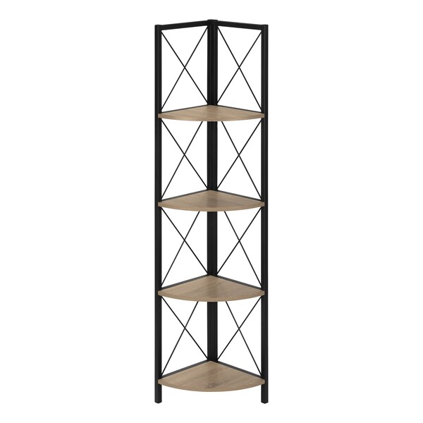 Monarch Specialties Bookshelf, Bookcase, Etagere, Corner, 4 Tier, 60"H, Office, Bedroom, Metal, Laminate, Brown, Black - I 3648