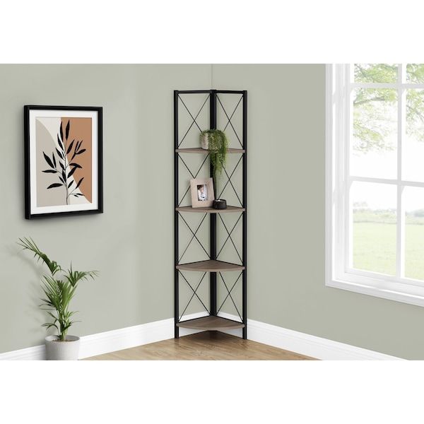 Monarch Specialties Bookshelf, Bookcase, Etagere, Corner, 4 Tier, 60"H, Office, Bedroom, Metal, Laminate, Brown, Black - I 3648