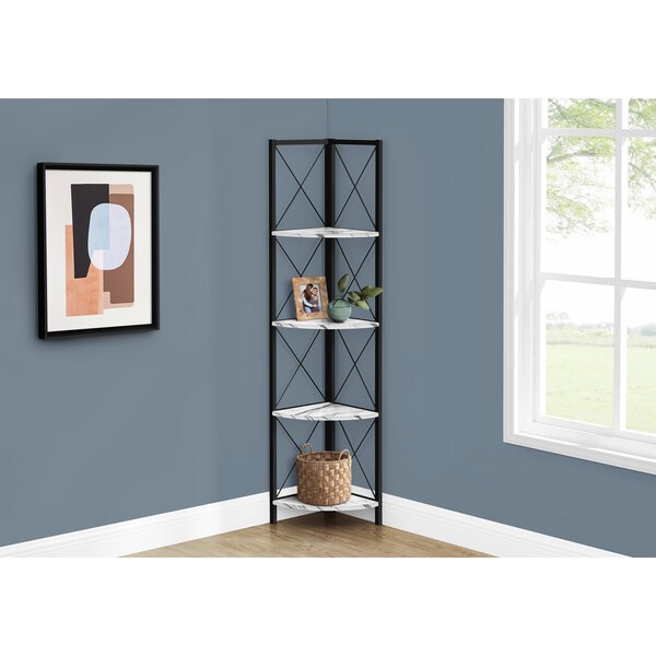Monarch Specialties Bookshelf, Bookcase, Etagere, Corner, 4 Tier, 60"H, Office, Bedroom, Metal, White Marble Look, Black - I 3651