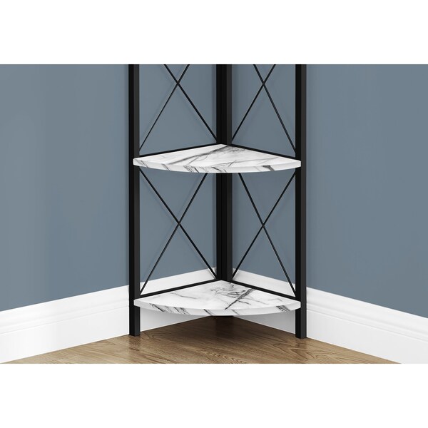 Monarch Specialties Bookshelf, Bookcase, Etagere, Corner, 4 Tier, 60"H, Office, Bedroom, Metal, White Marble Look, Black - I 3651
