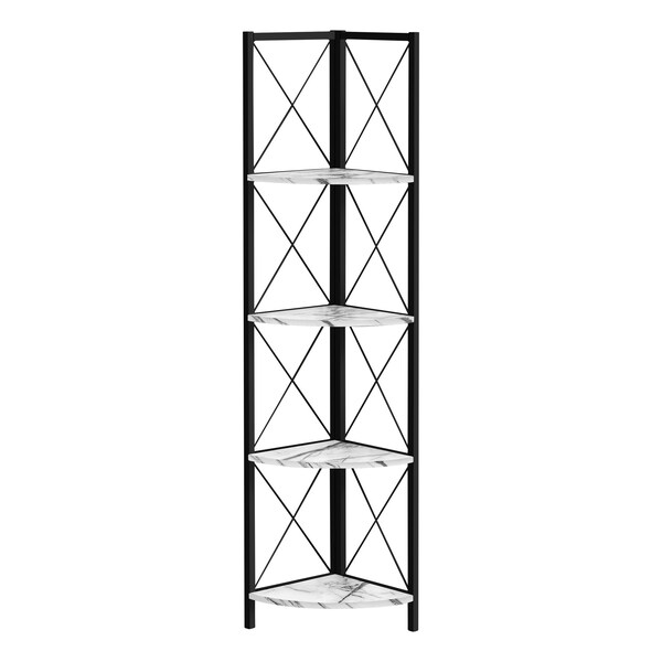Monarch Specialties Bookshelf, Bookcase, Etagere, Corner, 4 Tier, 60"H, Office, Bedroom, Metal, White Marble Look, Black - I 3651