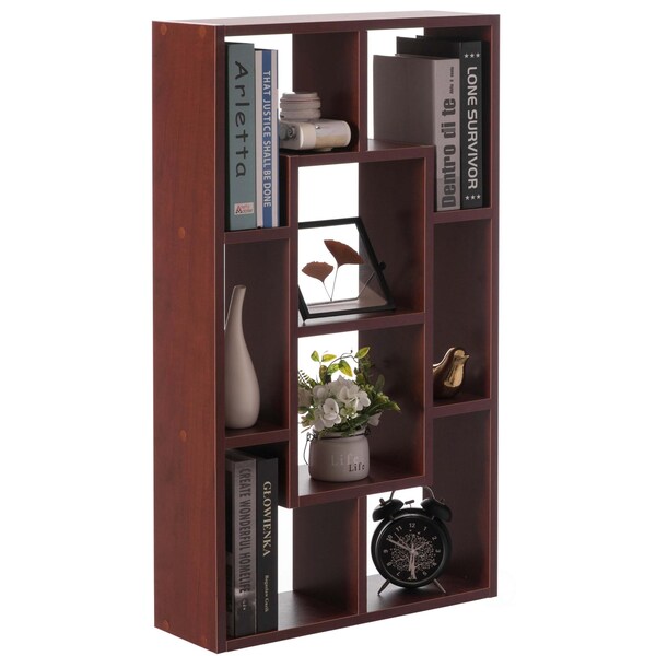 Basicwise Modern 8 Tier Bookcase Wall Mount and Freestanding Storage Shelves For Decoration Display, Cherry - QI004420.CR