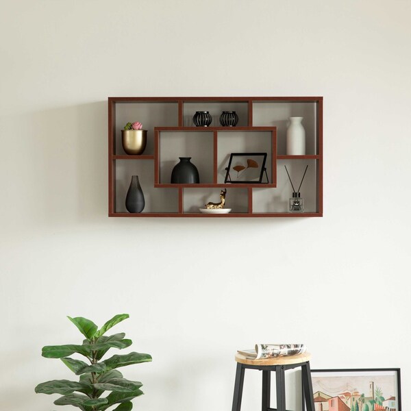 Basicwise Modern 8 Tier Bookcase Wall Mount and Freestanding Storage Shelves For Decoration Display, Cherry - QI004420.CR