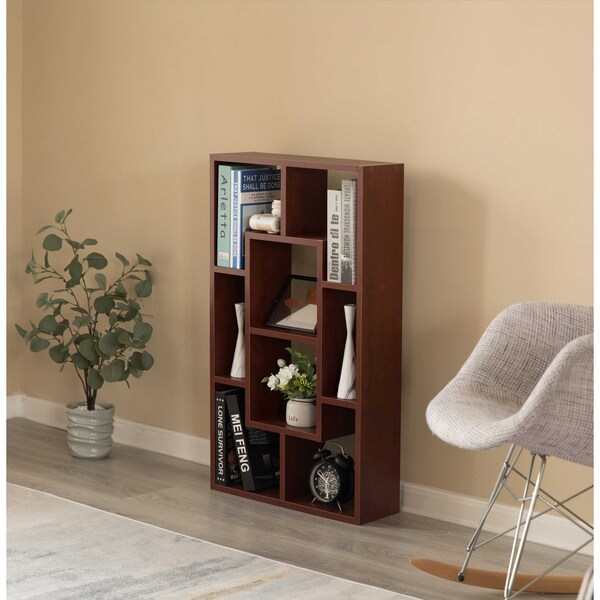 Basicwise Modern 8 Tier Bookcase Wall Mount and Freestanding Storage Shelves For Decoration Display, Cherry - QI004420.CR