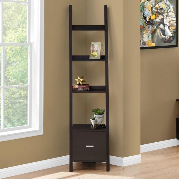 Homeroots 69 in. Particle Board Ladder Bookcase with a Storage Drawer - 332947