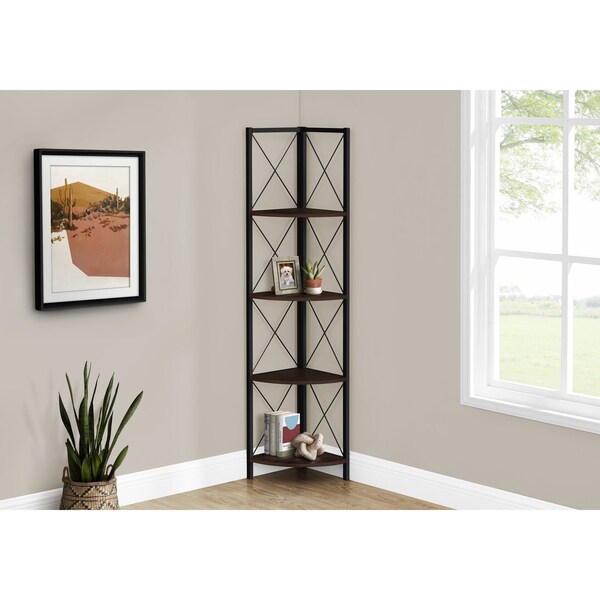 Monarch Specialties Bookshelf, Bookcase, Etagere, Corner, 4 Tier, 60"H, Office, Bedroom, Metal, Laminate, Brown, Black - I 3645