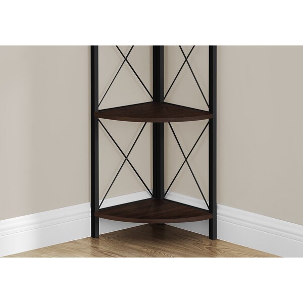 Monarch Specialties Bookshelf, Bookcase, Etagere, Corner, 4 Tier, 60"H, Office, Bedroom, Metal, Laminate, Brown, Black - I 3645