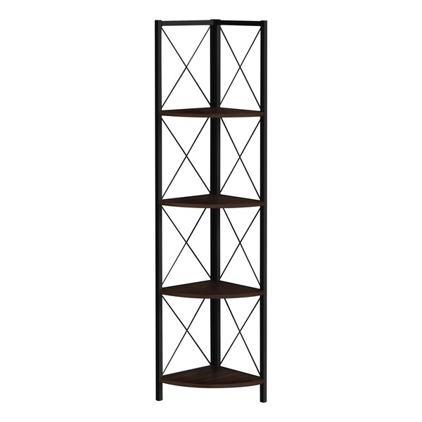 Monarch Specialties Bookshelf, Bookcase, Etagere, Corner, 4 Tier, 60"H, Office, Bedroom, Metal, Laminate, Brown, Black - I 3645