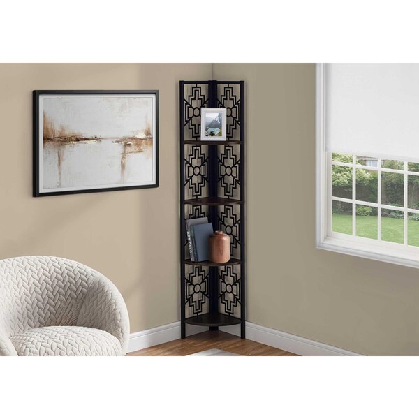 Homeroots 62 in. Bookcase with 4 Solid Espresso Shelves & Black Metal Corner Etagere - 376535