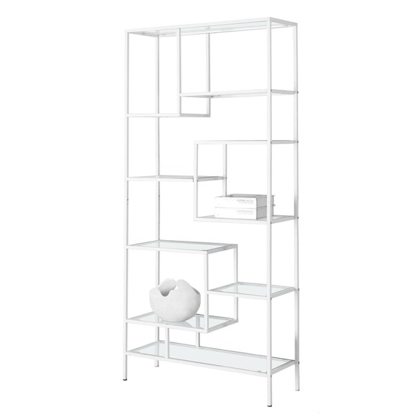 Homeroots 72 in. White Metal & Tempered Glass Bookcase - 333393