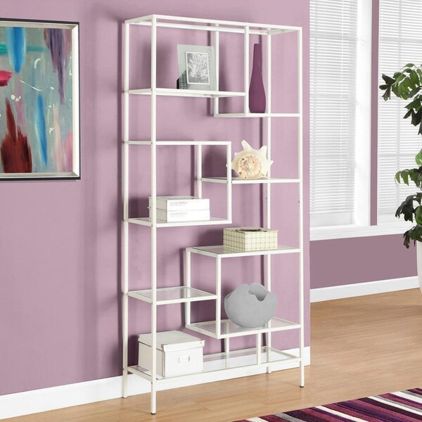 Homeroots 72 in. White Metal & Tempered Glass Bookcase - 333393