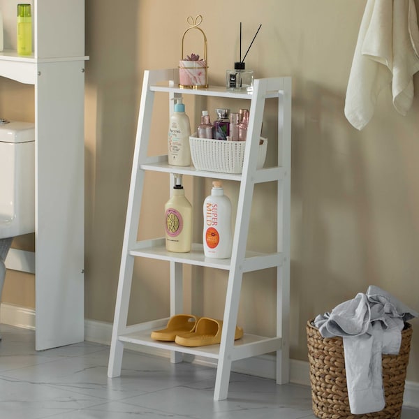 Basicwise Decorative White Wooden Modern 4-Tier Ladder Bookshelf, Flower and Plant Display - QI004376.WT