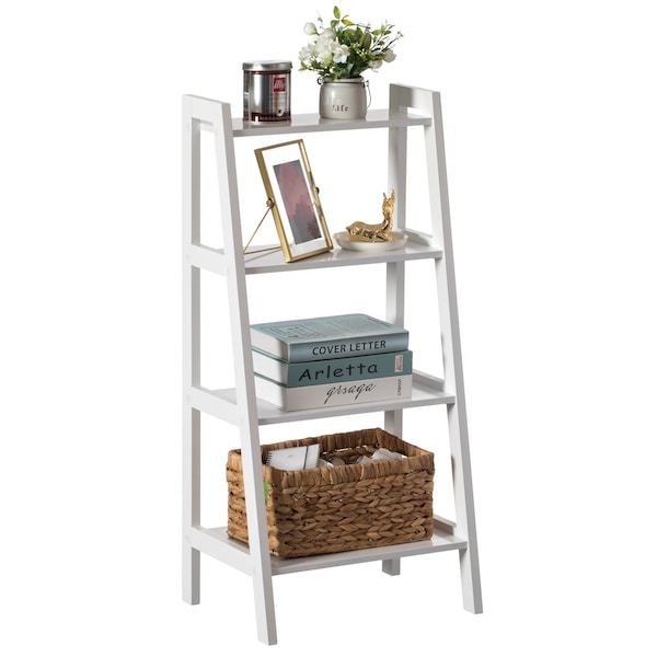 Basicwise Decorative White Wooden Modern 4-Tier Ladder Bookshelf, Flower and Plant Display - QI004376.WT