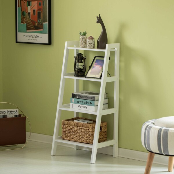 Basicwise Decorative White Wooden Modern 4-Tier Ladder Bookshelf, Flower and Plant Display - QI004376.WT