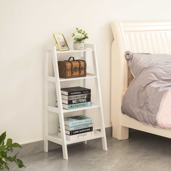 Basicwise Decorative White Wooden Modern 4-Tier Ladder Bookshelf, Flower and Plant Display - QI004376.WT
