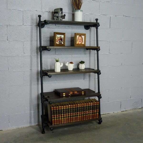 Furniture Pipeline 35 in. Orlando Leaning Bookcase, Black Steel Combo w/Dark Brown Stained Wood - TWLS1-BL/BL/BL