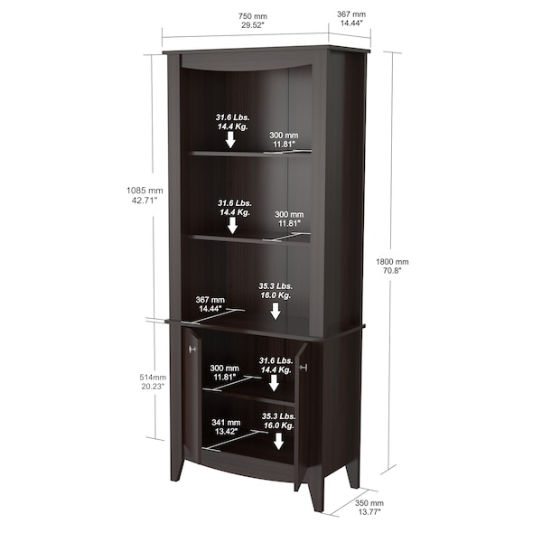 Inval Wall Unit / Bookcase 70.87 in. H 5-shelf with 2 Doors in Espresso - BE-8004