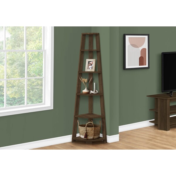 Monarch Specialties Bookshelf, Bookcase, Etagere, Corner, 5 Tier, 72in.H, Office, Bedroom, Walnut Laminate, Contemporary - I 2464