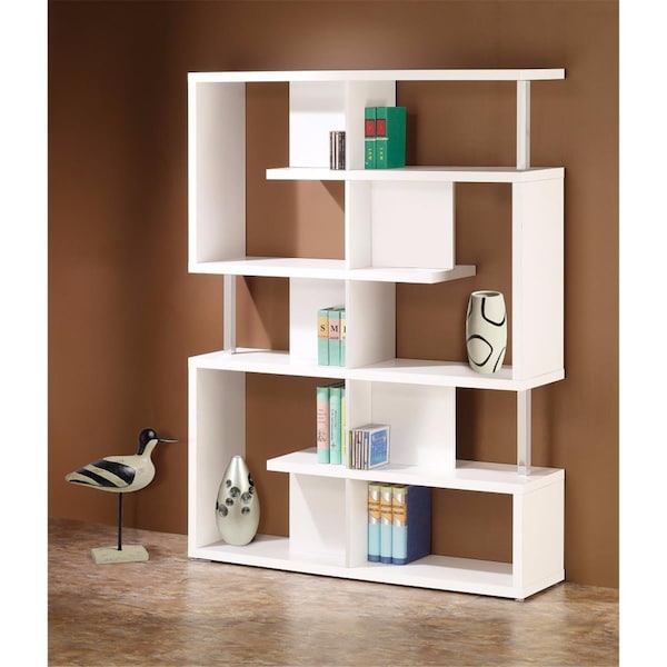Benzara 63.25 x 47.25 x 11.5 in. Splendid White Bookcase with Chrome Support Beams - BM156246
