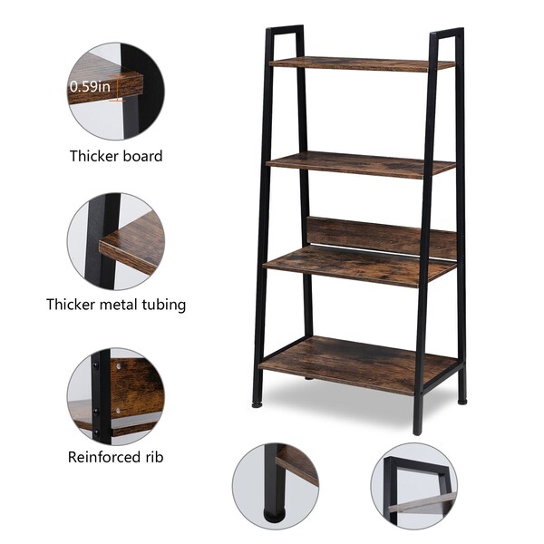 Edendirect 50 in. Tall Metal & Wood 4-Shelf Ladder Bookshelf Storage Rack & Plant Stand - IR-44804WOOD