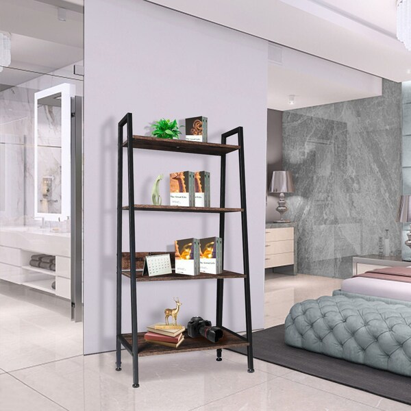 Edendirect 50 in. Tall Metal & Wood 4-Shelf Ladder Bookshelf Storage Rack & Plant Stand - IR-44804WOOD