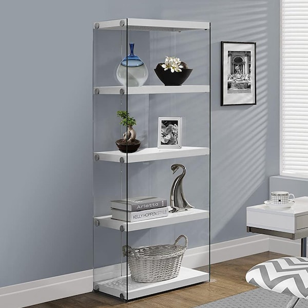 Homeroots 60 in. Glossy White Particle Board & Clear Tempered Glass Bookcase - 333149
