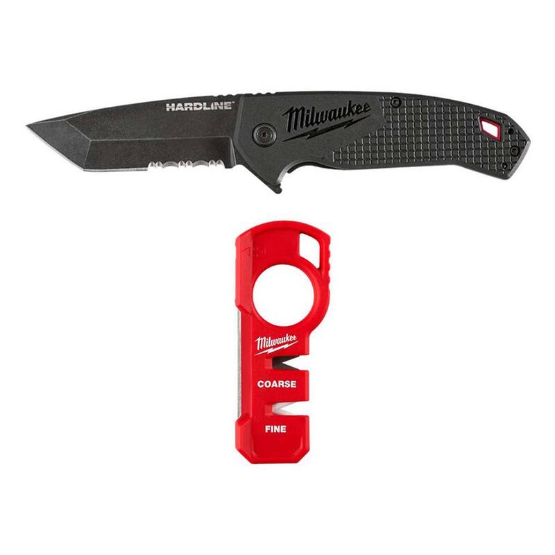 Milwaukee 3 in. Hardline D2 Steel Serrated Blade Pocket Folding Knife with Compact Jobsite Knife Sharpener (2-Piece) - 48-22-1998-48-22-1590