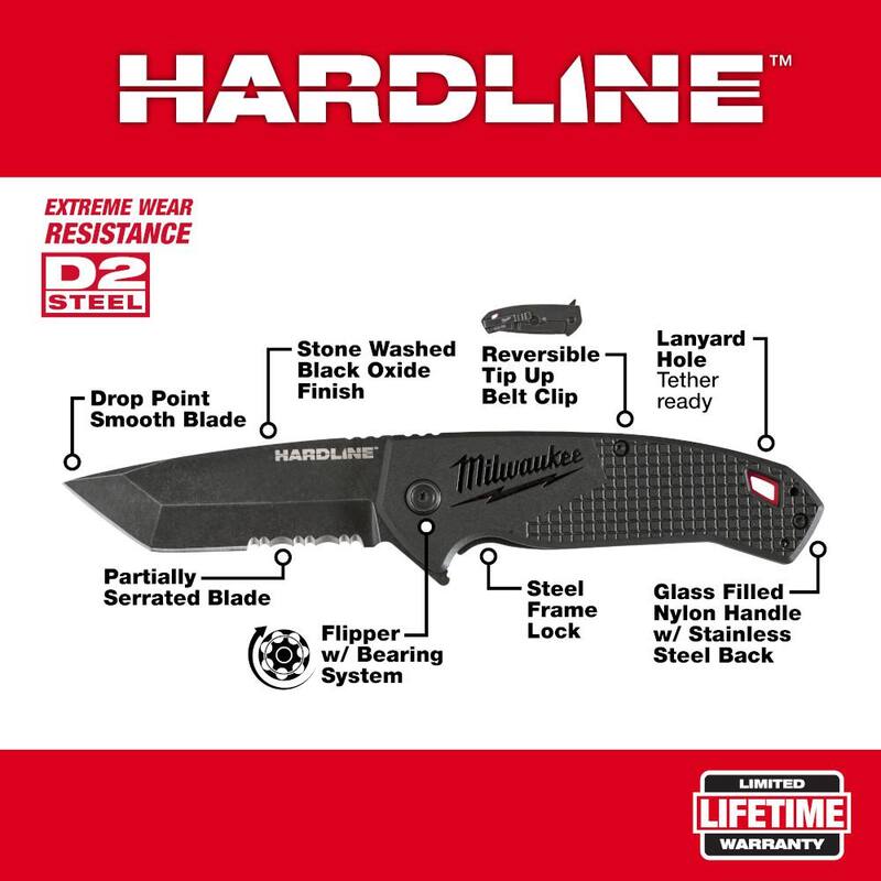 Milwaukee 3 in. Hardline D2 Steel Serrated Blade Pocket Folding Knife with Compact Jobsite Knife Sharpener (2-Piece) - 48-22-1998-48-22-1590