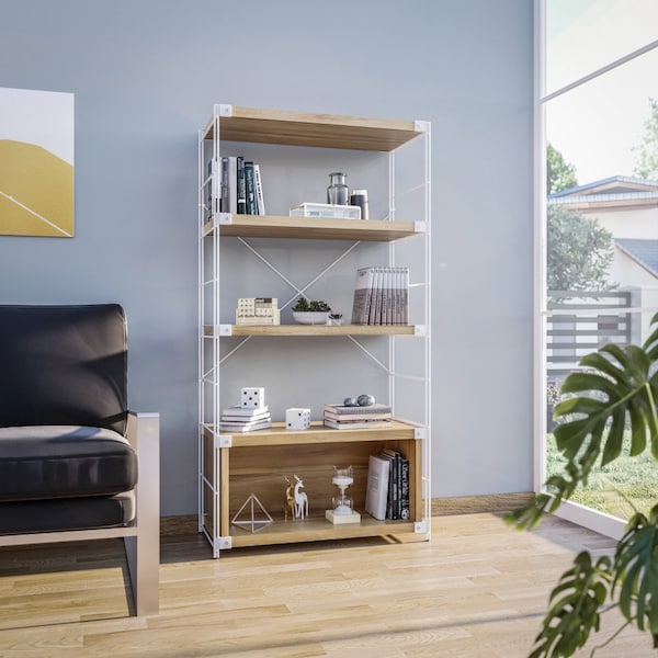 Leisuremod Brentwood Etagere Bookcase with White Steel Frame & Melamine Board Shelves, Natural Wood - BBW-65NW