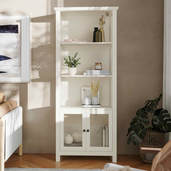 Flash Furniture Stella Modern Farmhouse Wooden Bookcase and Storage Cabinet, 3 Upper Shelves in White - ZG-027-WHT-GG