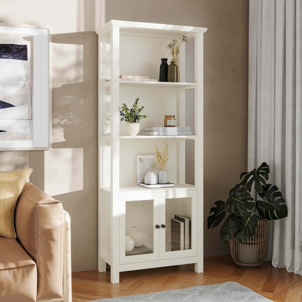 Flash Furniture Stella Modern Farmhouse Wooden Bookcase and Storage Cabinet, 3 Upper Shelves in White - ZG-027-WHT-GG