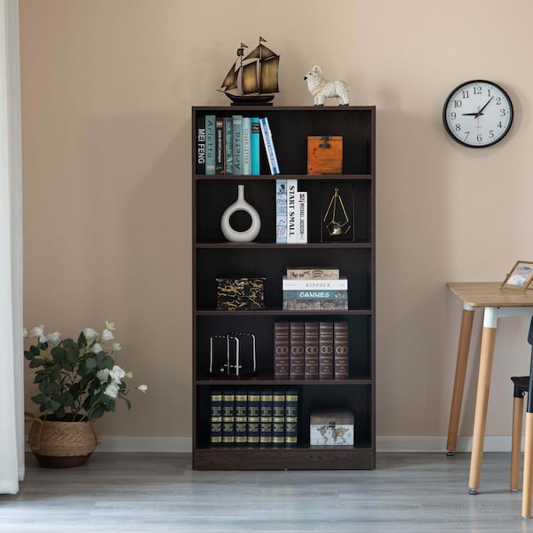 Basicwise Freestanding Wooden Display Bookshelf, Floor Standing Bookcase, with 5 Open Display Shelves, Brown - QI004621.BN