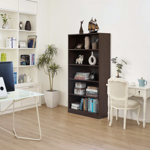 Basicwise Freestanding Wooden Display Bookshelf, Floor Standing Bookcase, with 5 Open Display Shelves, Brown - QI004621.BN