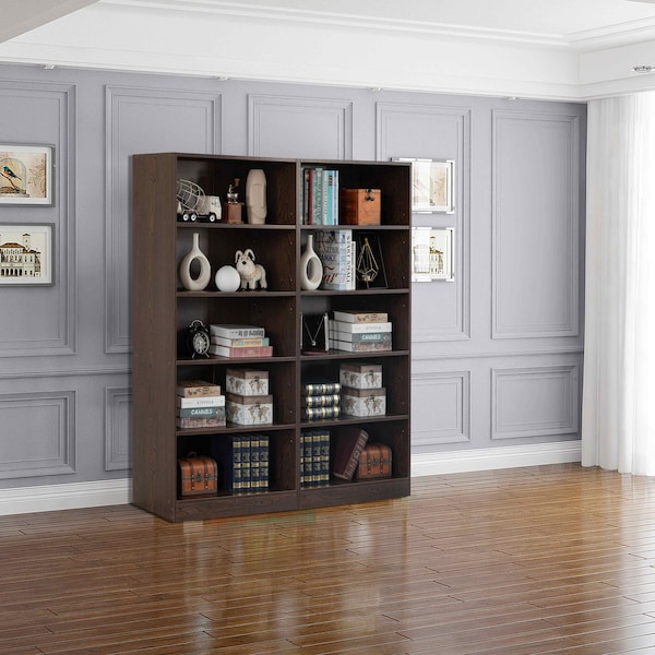 Basicwise Freestanding Wooden Display Bookshelf, Floor Standing Bookcase, with 5 Open Display Shelves, Brown - QI004621.BN