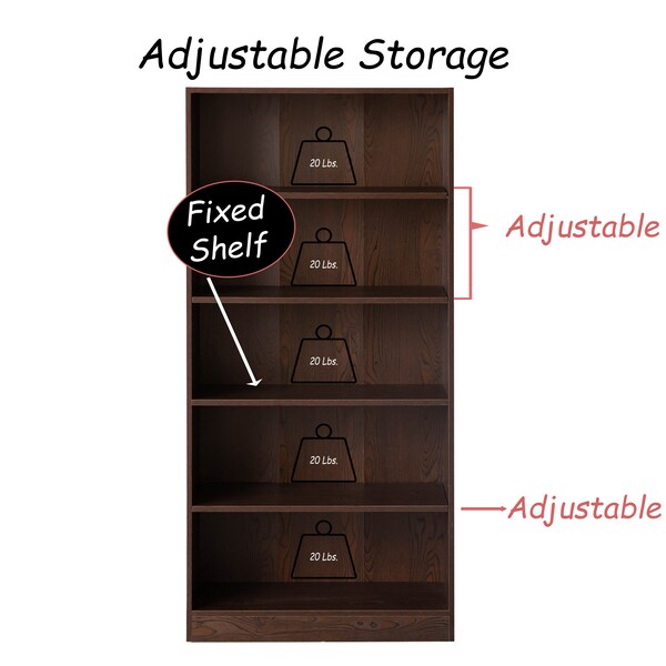 Basicwise Freestanding Wooden Display Bookshelf, Floor Standing Bookcase, with 5 Open Display Shelves, Brown - QI004621.BN