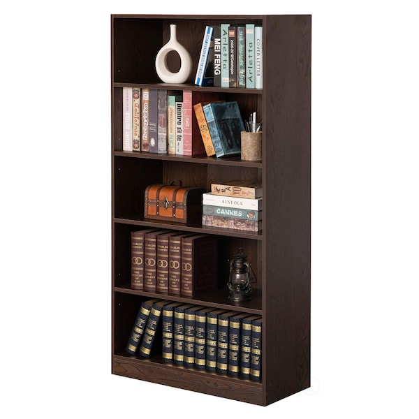 Basicwise Freestanding Wooden Display Bookshelf, Floor Standing Bookcase, with 5 Open Display Shelves, Brown - QI004621.BN