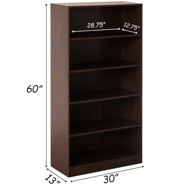 Basicwise Freestanding Wooden Display Bookshelf, Floor Standing Bookcase, with 5 Open Display Shelves, Brown - QI004621.BN