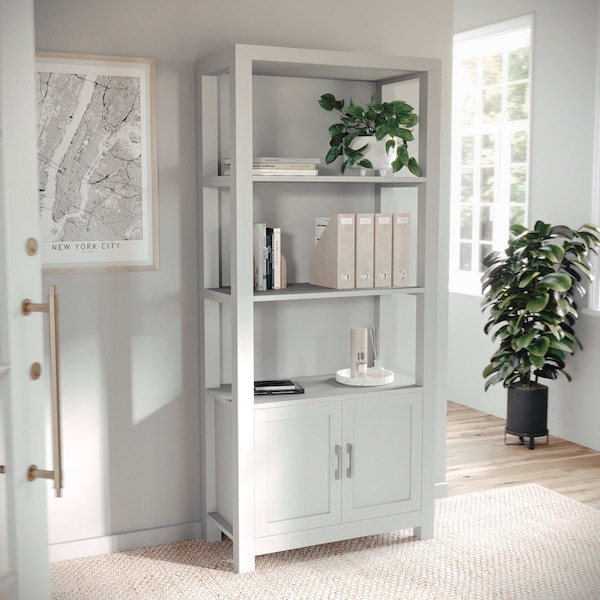 Martha Stewart Hutton Four Tier Shaker Style Bookcase with Storage Cabinet in Gray with Brushed Nickel Hardware - ZG-053-GY-MS