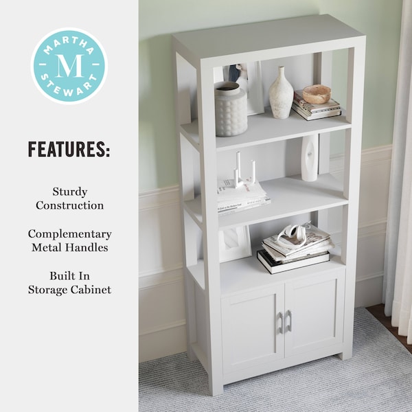 Martha Stewart Hutton Four Tier Shaker Style Bookcase with Storage Cabinet in Gray with Brushed Nickel Hardware - ZG-053-GY-MS