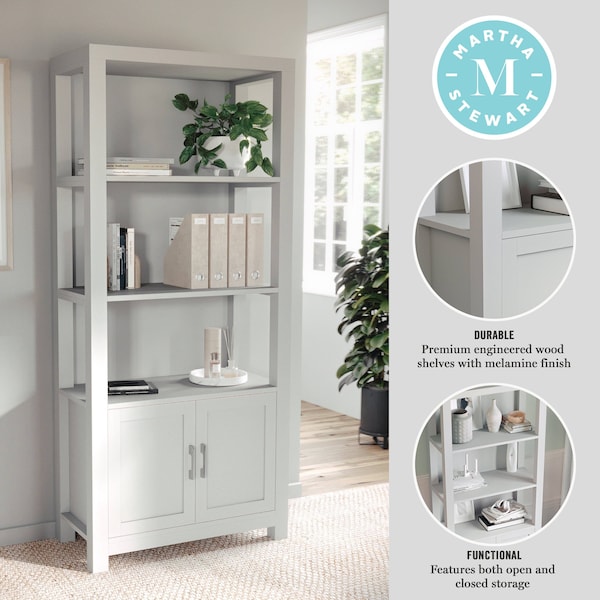 Martha Stewart Hutton Four Tier Shaker Style Bookcase with Storage Cabinet in Gray with Brushed Nickel Hardware - ZG-053-GY-MS